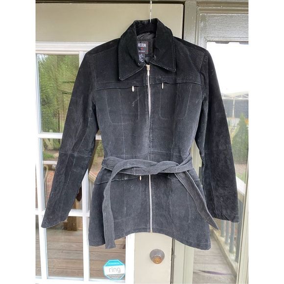 Helium London Black 100% Leather Jacket Collared Belted Full-Zip Coat, Sz Medium - Picture 1 of 13